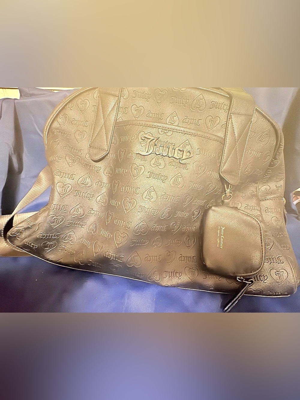 Juicy Couture Embossed Heart Logo Weekender Duffel Bag with Pouch Tote in Black